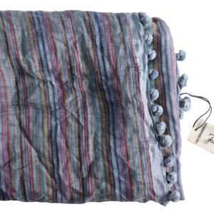 Faliero Sarti Unisex 90 X 95 Blue Silk Cotton Striped Pom Pom Sombrino Scarf NWT